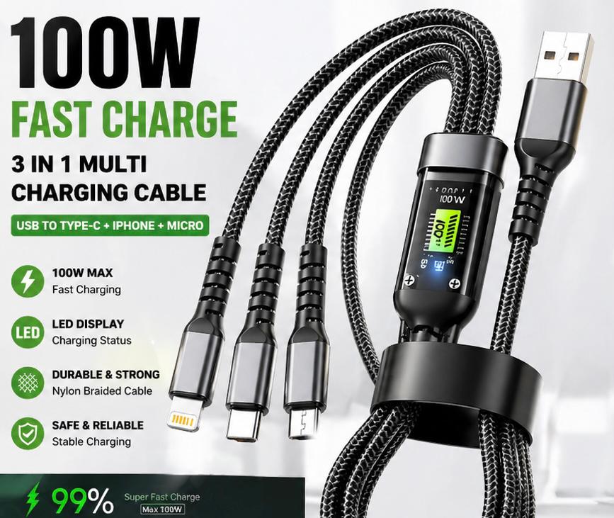 100W 3-in-1 Multi Charging Cable